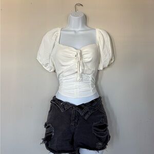 Sienna Sky White Corset Top Puff Sleeve Coquette Ruched Tie Front Size L